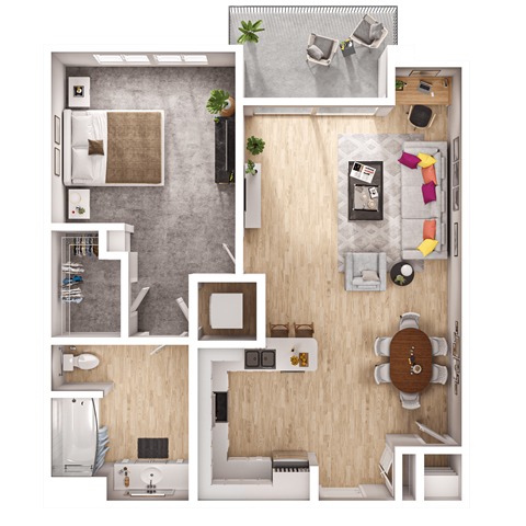 Floor plan for 1 bed, 1 bath, 715 sqft